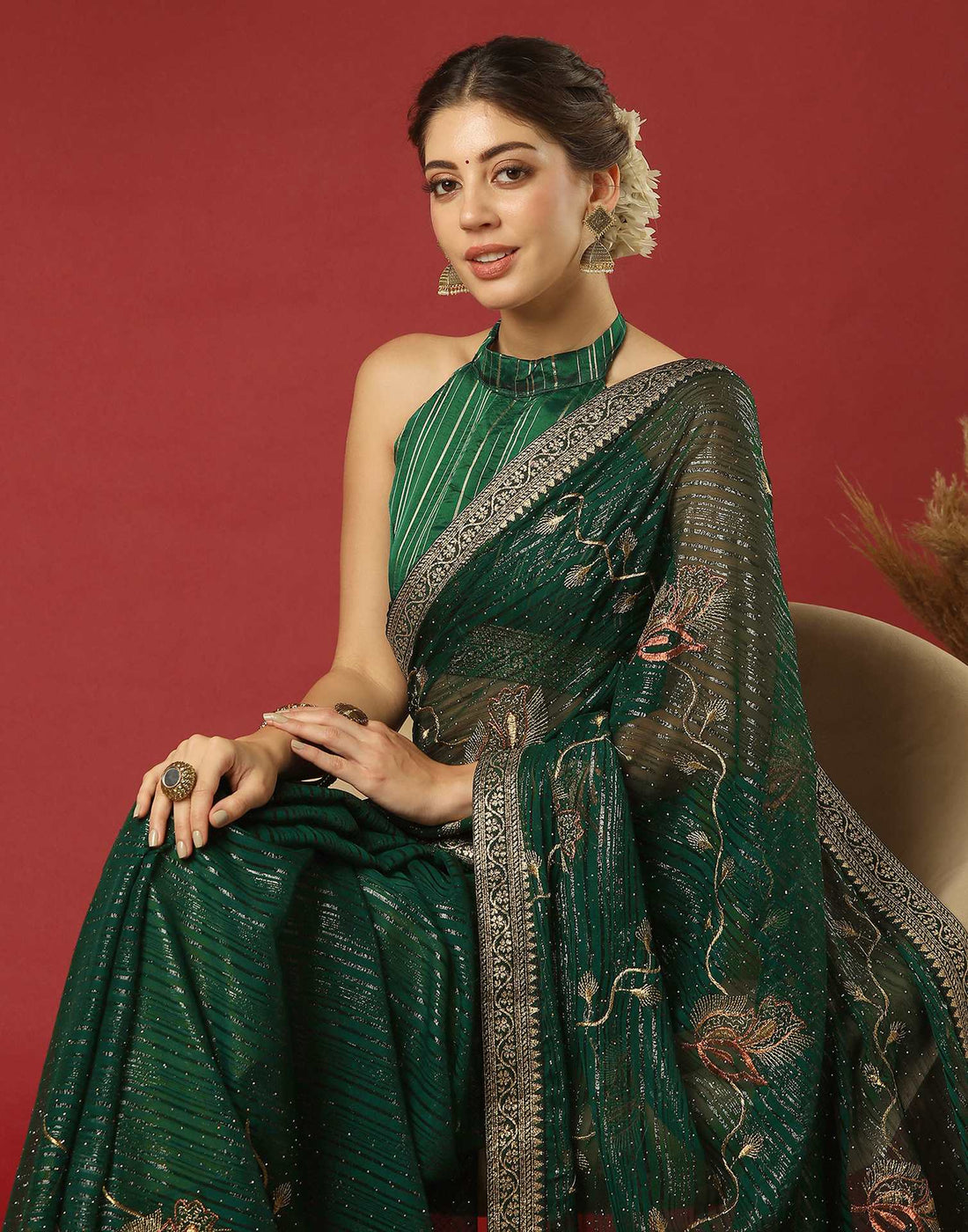 Dark Green Georgette Stone Work Embellished Saree