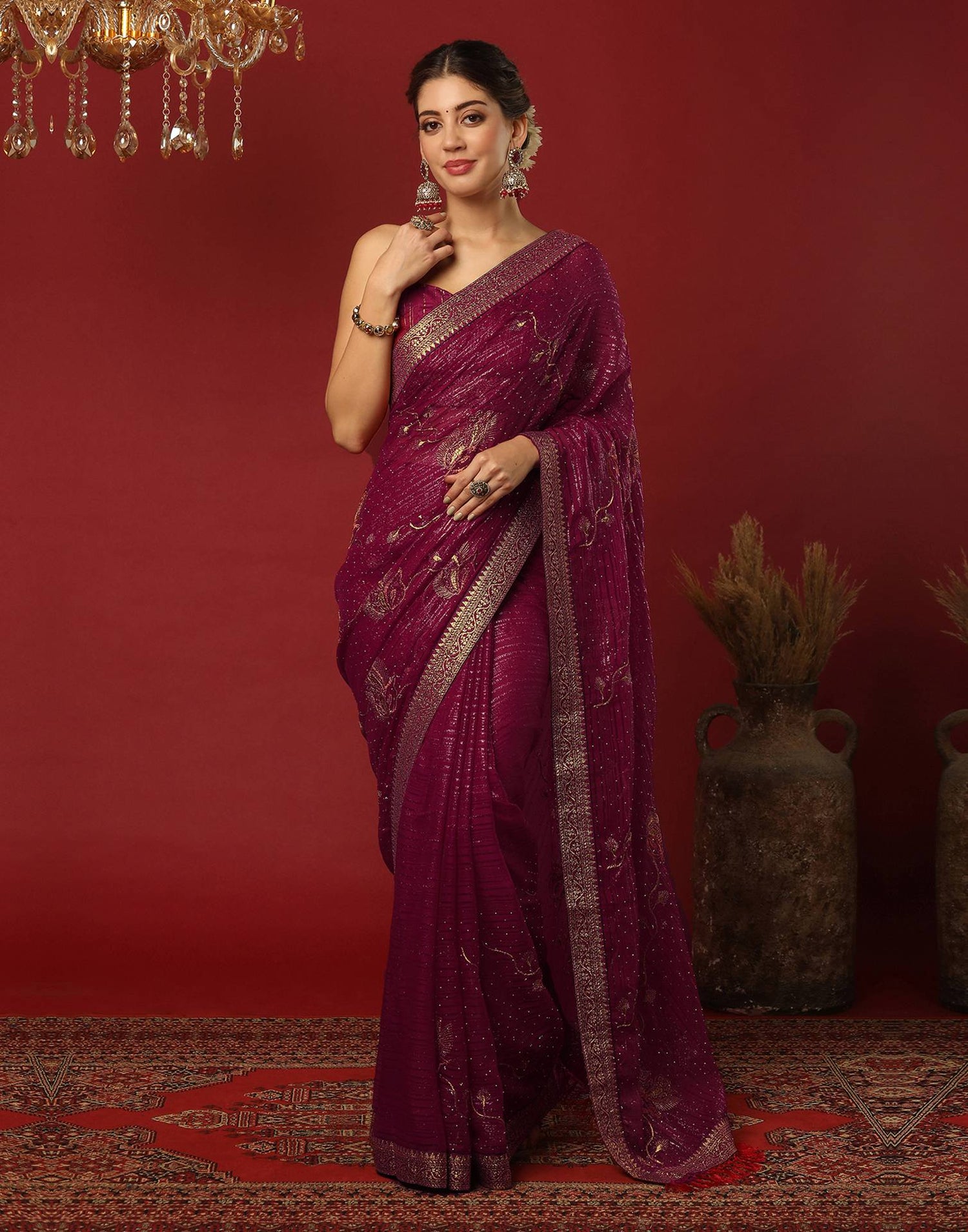 Rani Pink Georgette Stone Work Embellished Saree