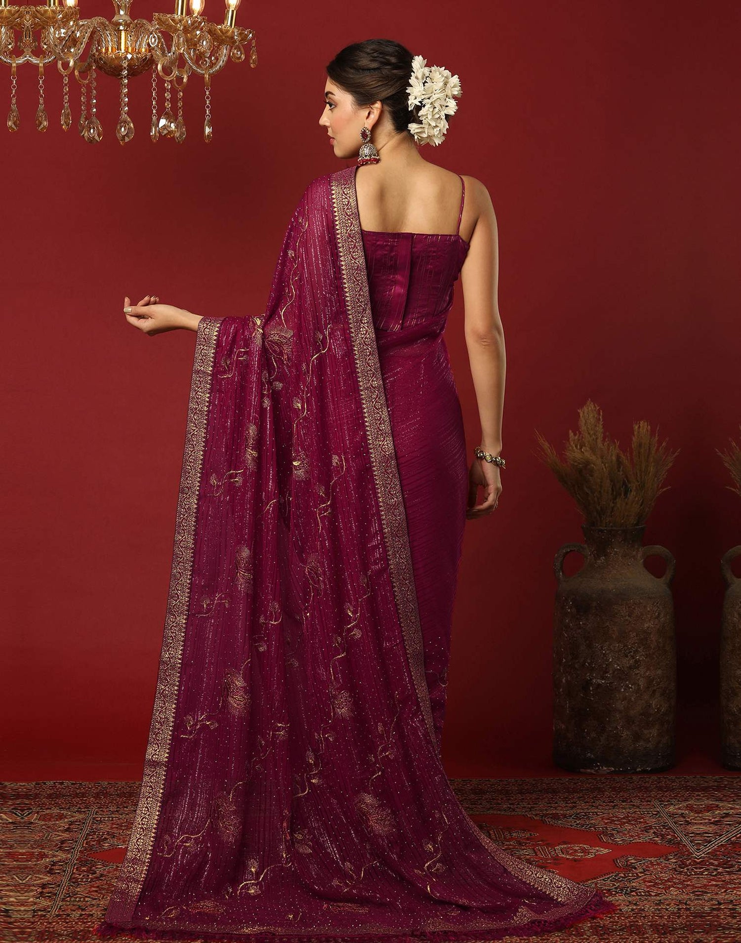 Rani Pink Georgette Stone Work Embellished Saree