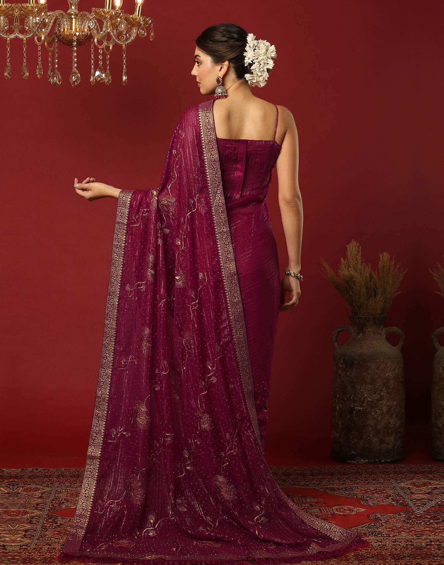 Rani Pink Georgette Stone Work Embellished Saree