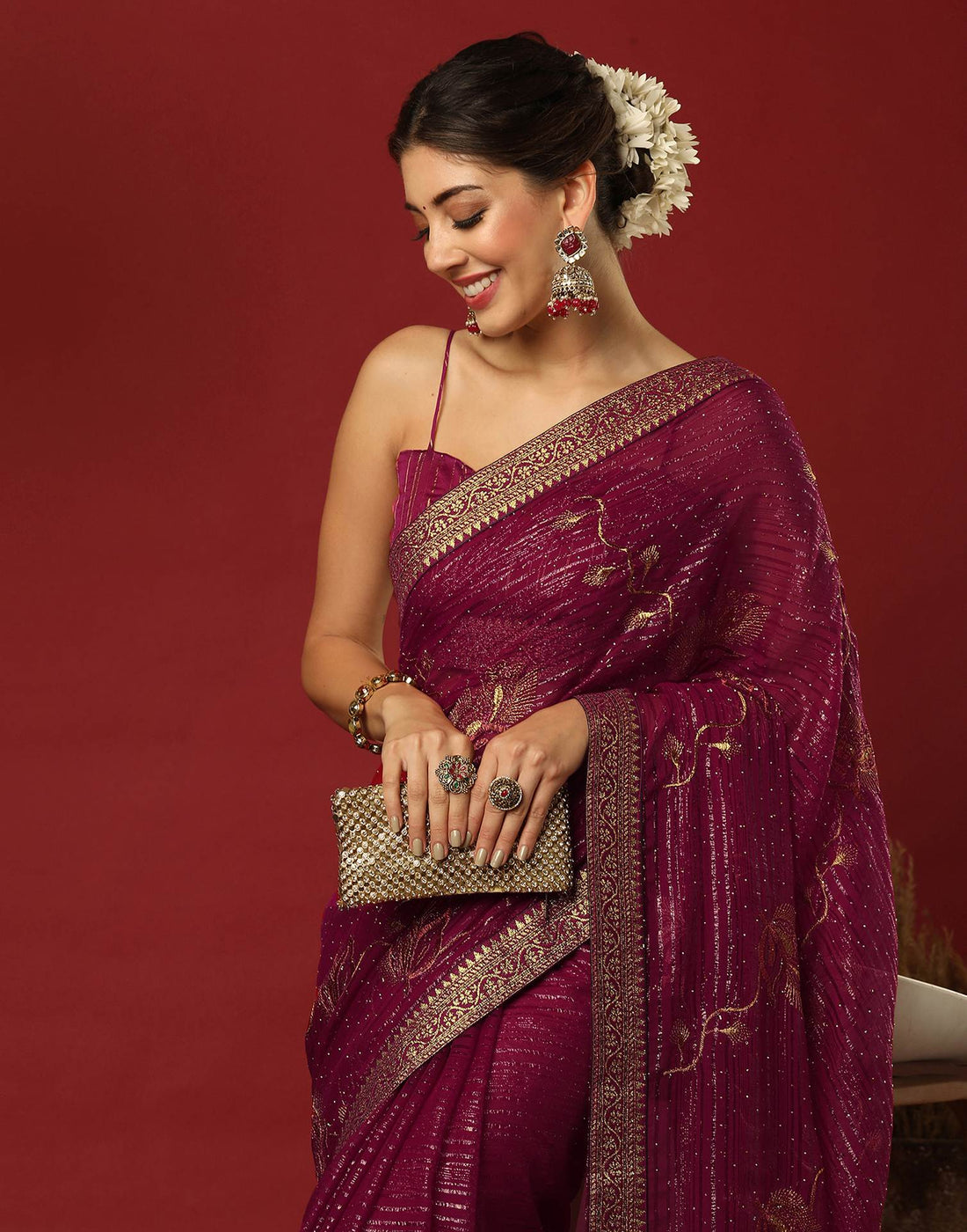 Rani Pink Georgette Stone Work Embellished Saree