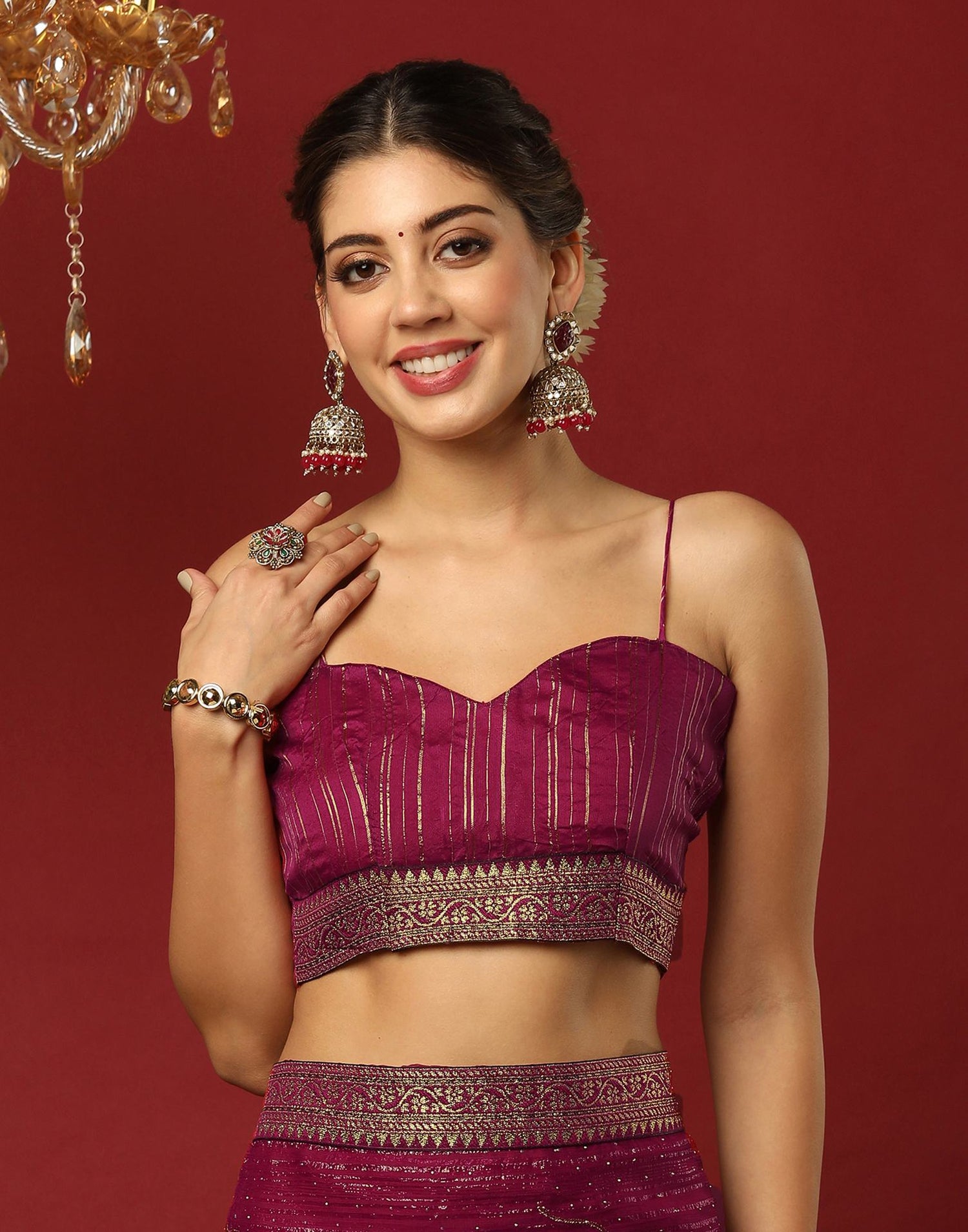 Rani Pink Georgette Stone Work Embellished Saree