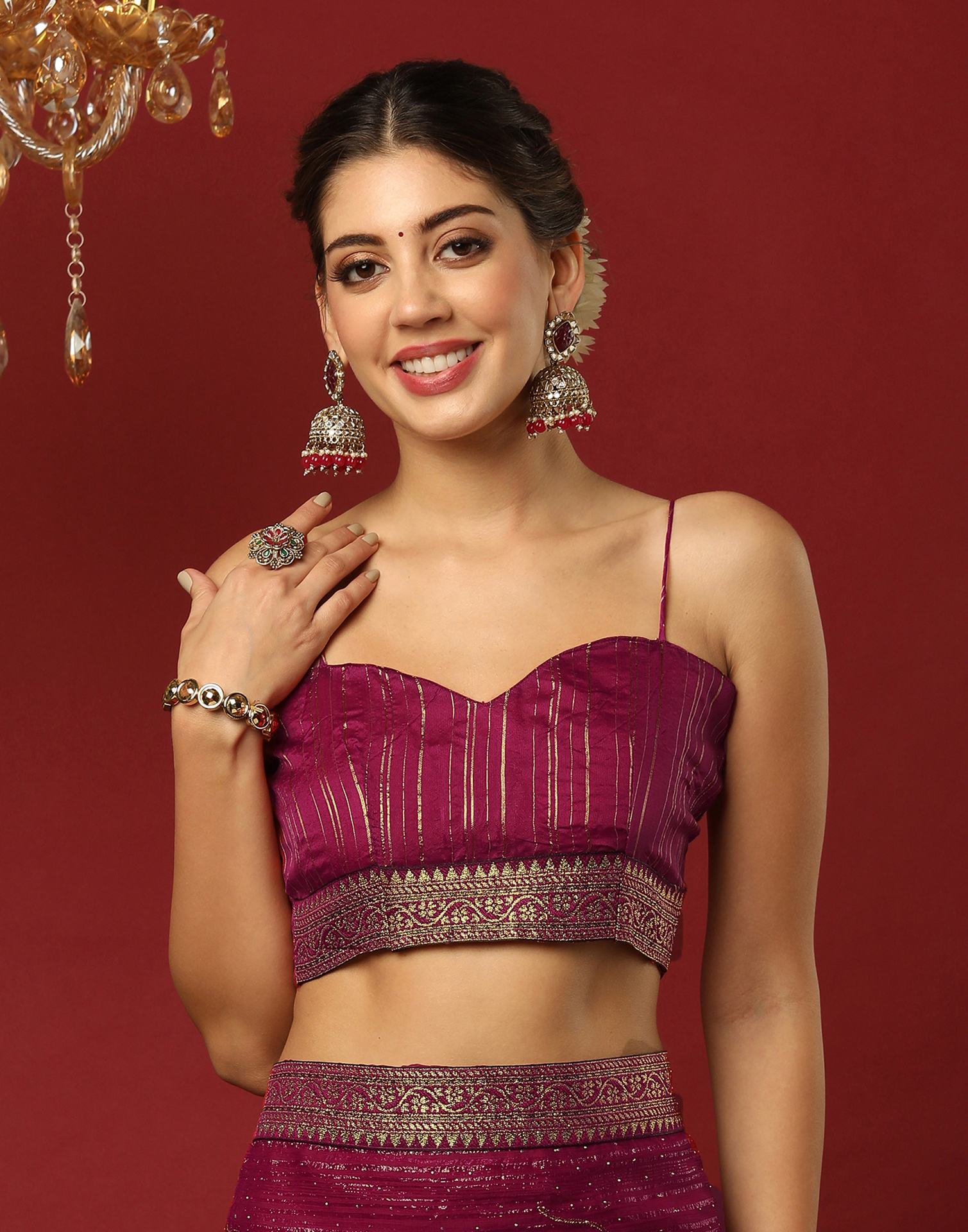 Rani Pink Georgette Stone Work Embellished Saree