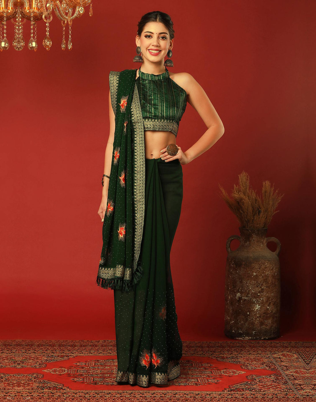 Bottle Green Georgette Stone Work Swarovski Saree
