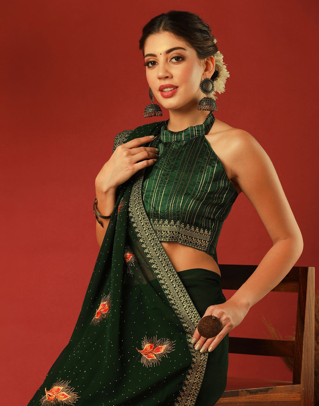 Bottle Green Georgette Stone Work Swarovski Saree