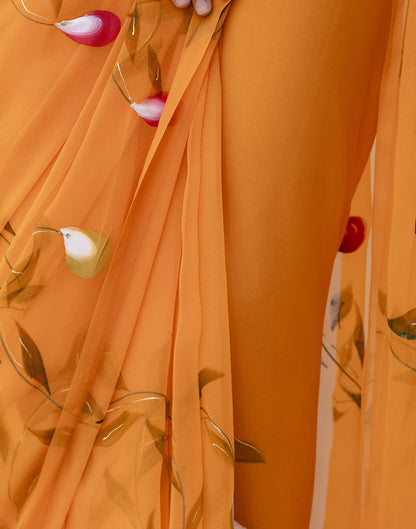 Orange Georgette Foil Printed Saree