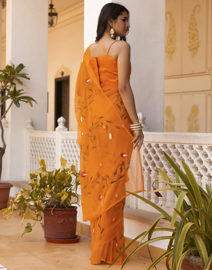 Orange Georgette Foil Printed Saree