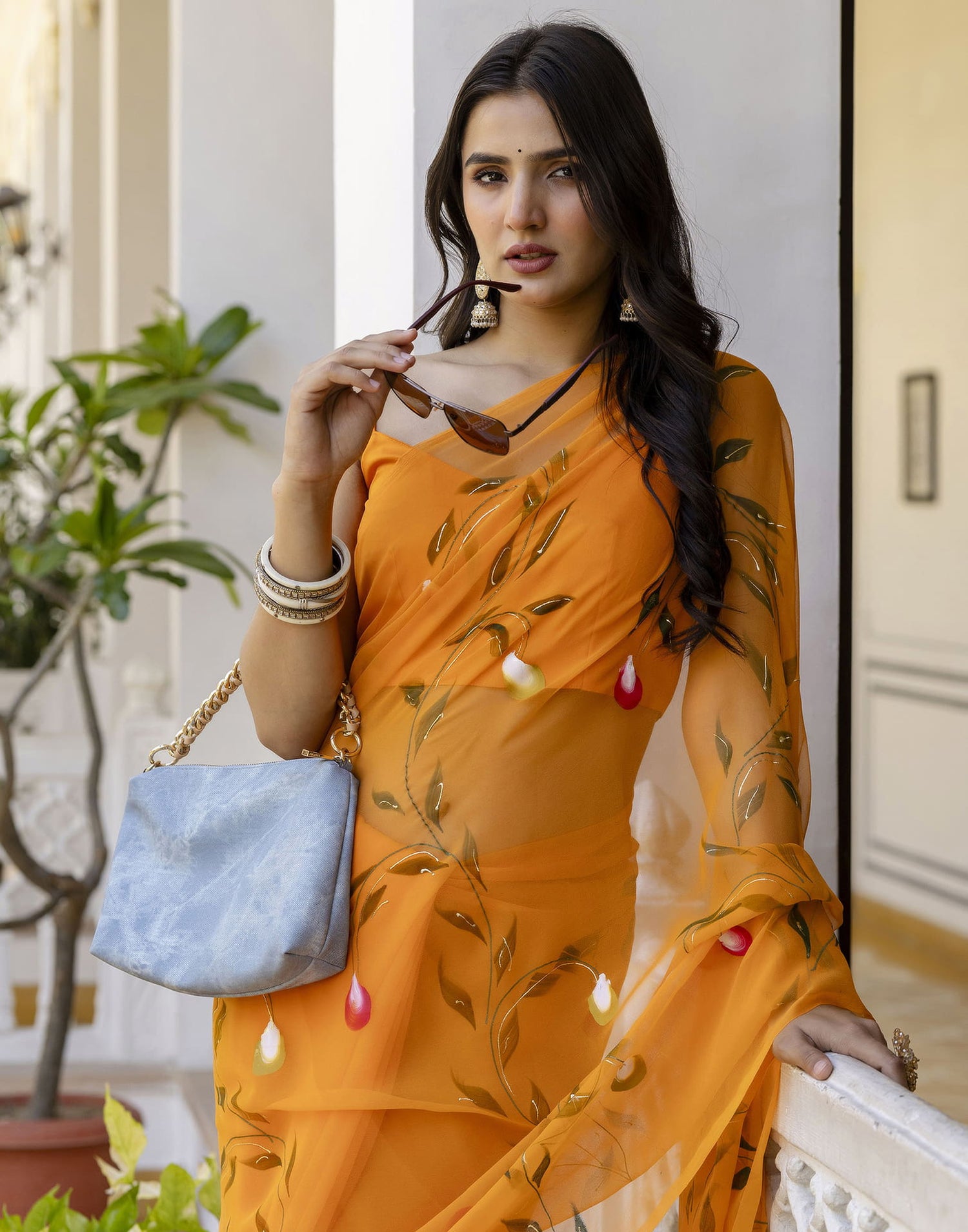 Orange Georgette Foil Printed Saree