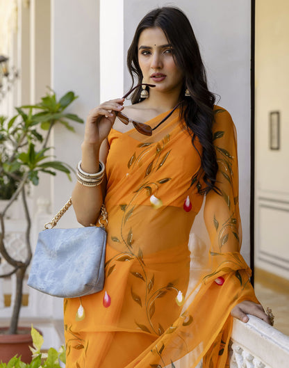 Orange Georgette Foil Printed Saree