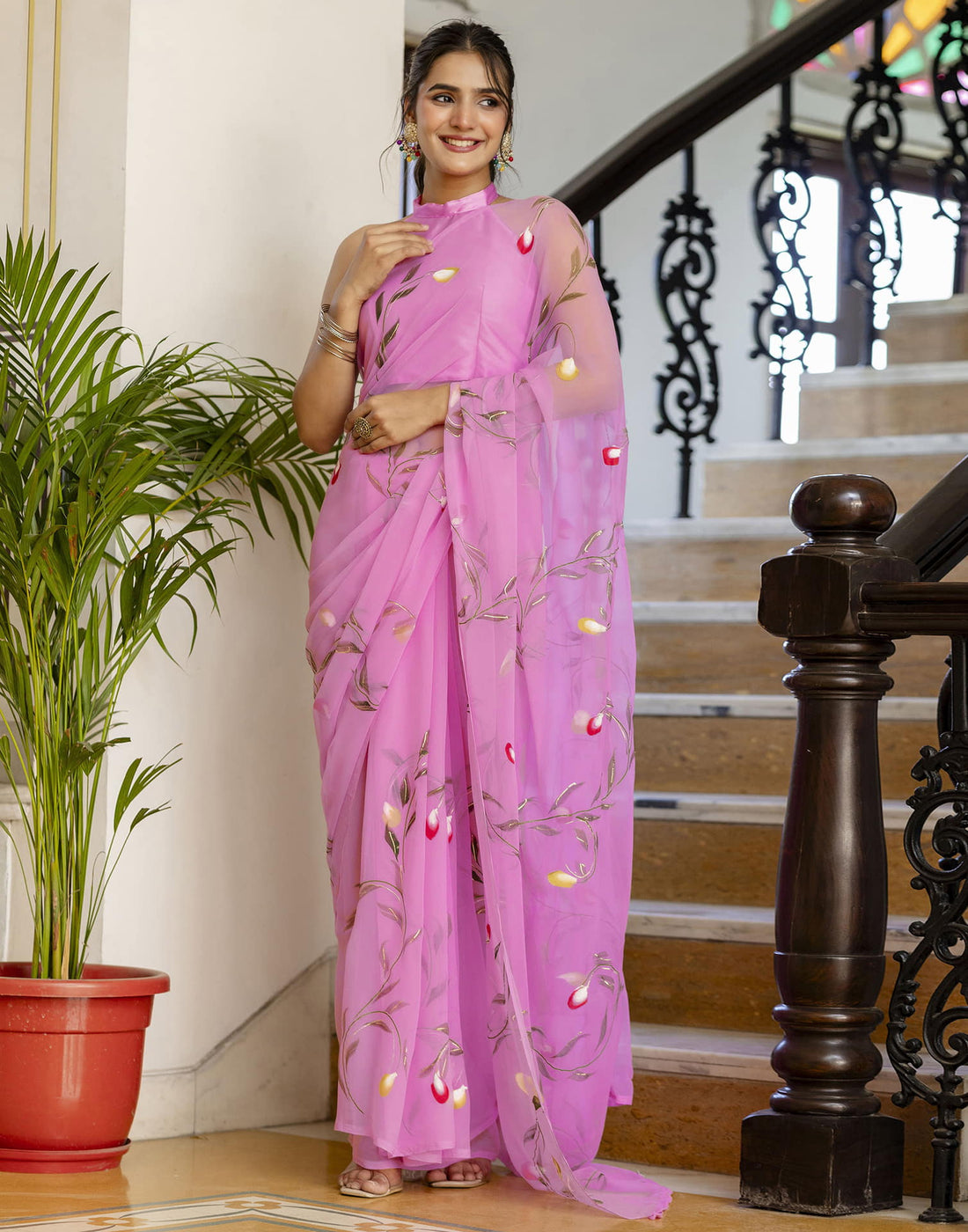 Pink Georgette Foil Printed Saree