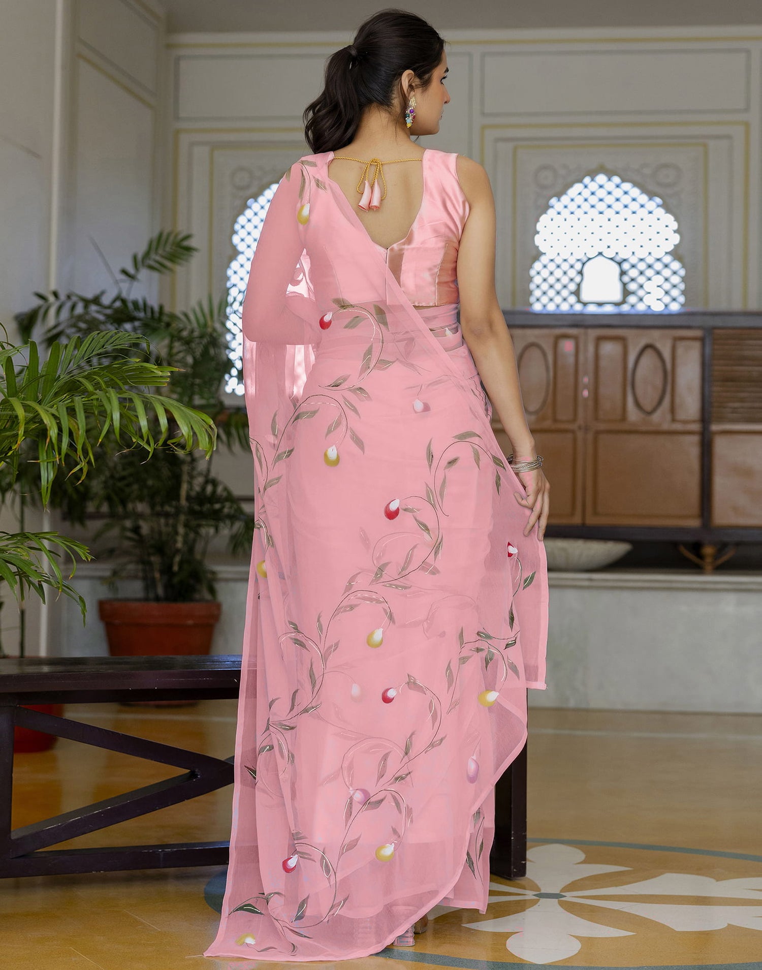 Peach Georgette Foil Printed Saree