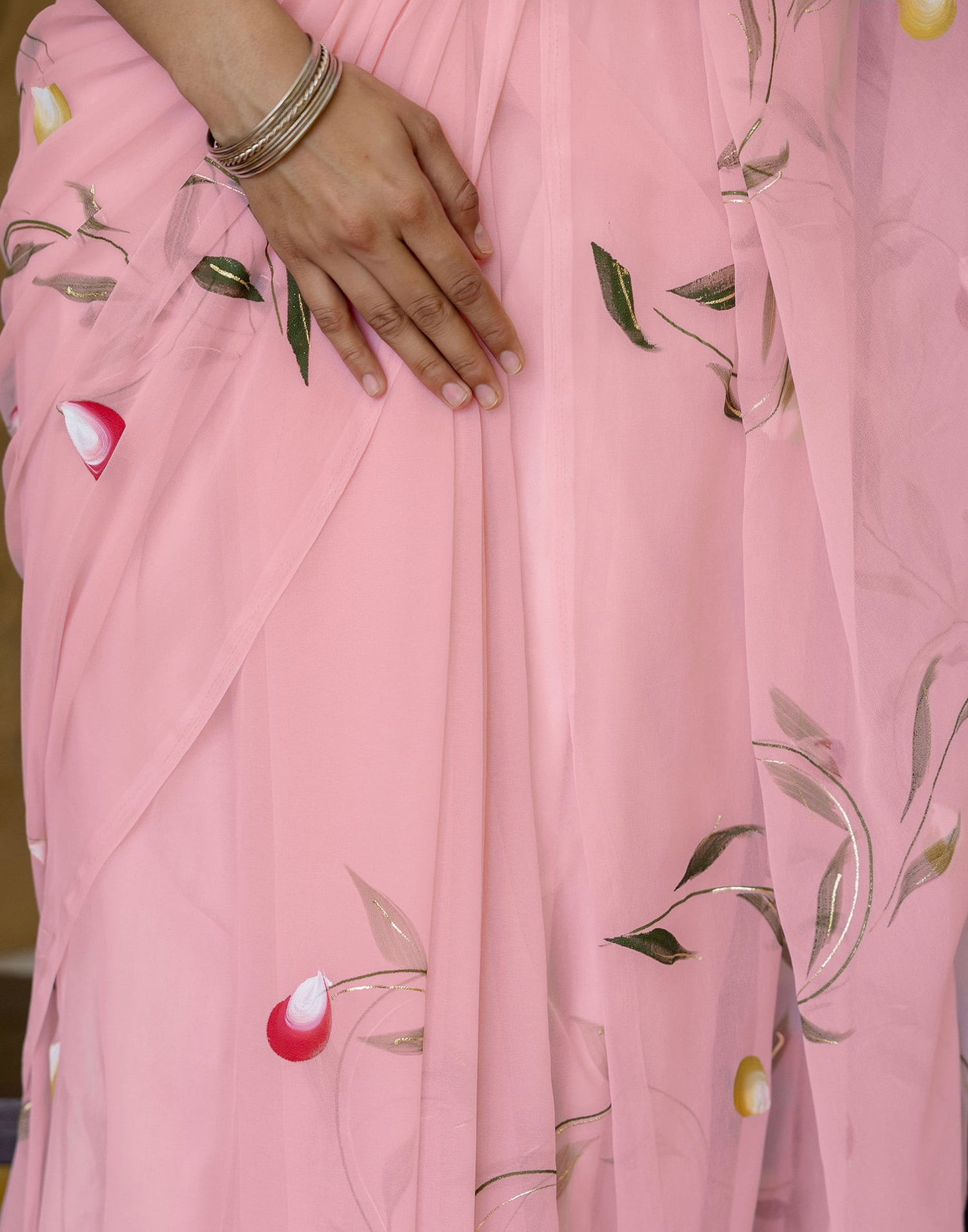 Peach Georgette Foil Printed Saree