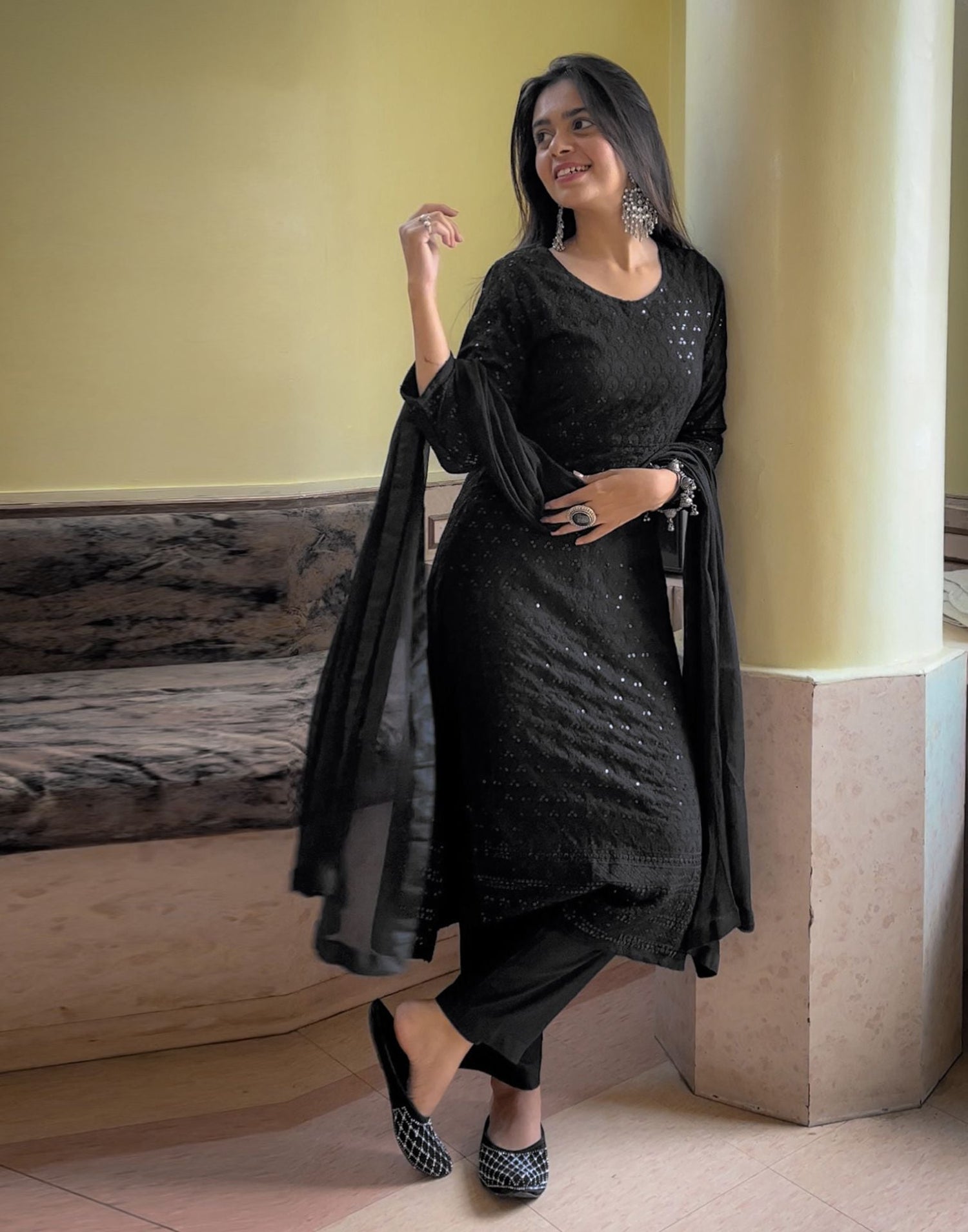 Black Kurti With Pant And Dupatta | Leemboodi