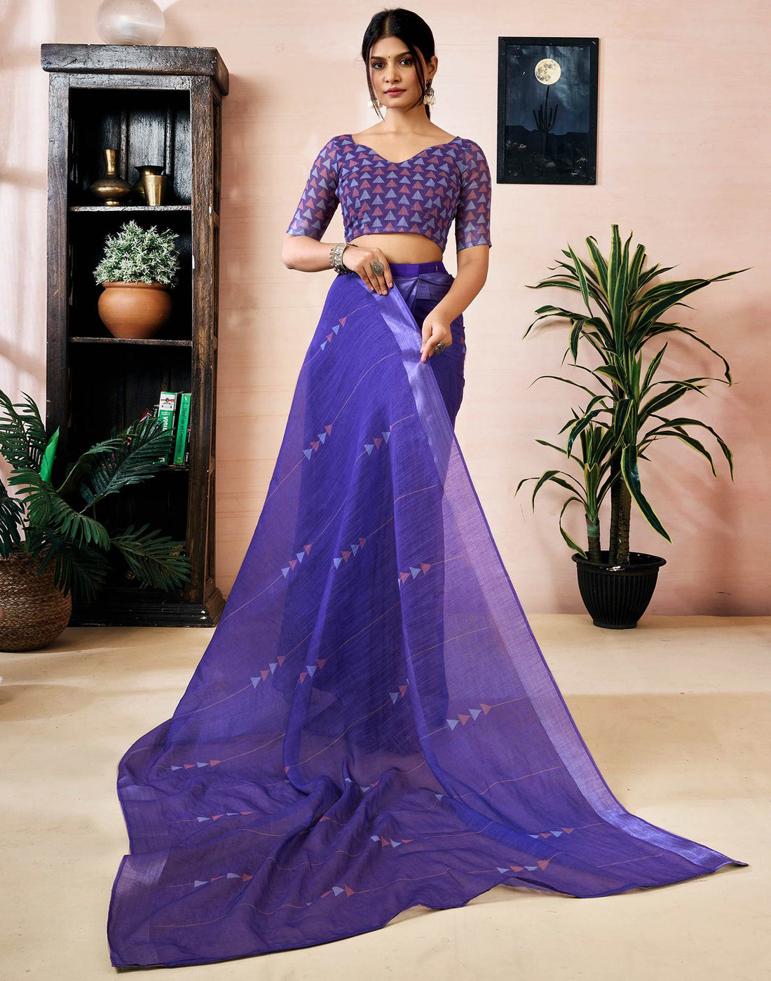 Ready to Wear Purple Linen Printed Saree