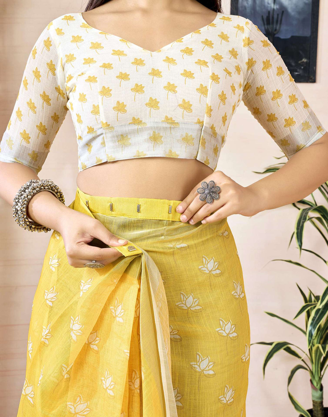 Ready to Wear Yellow Linen Printed Saree