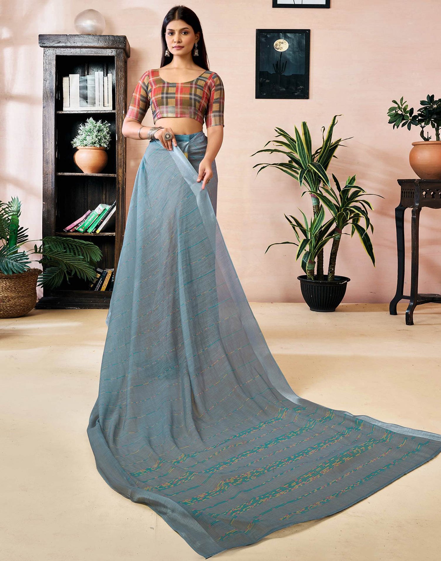 Ready to Wear Grey Linen Printed Saree