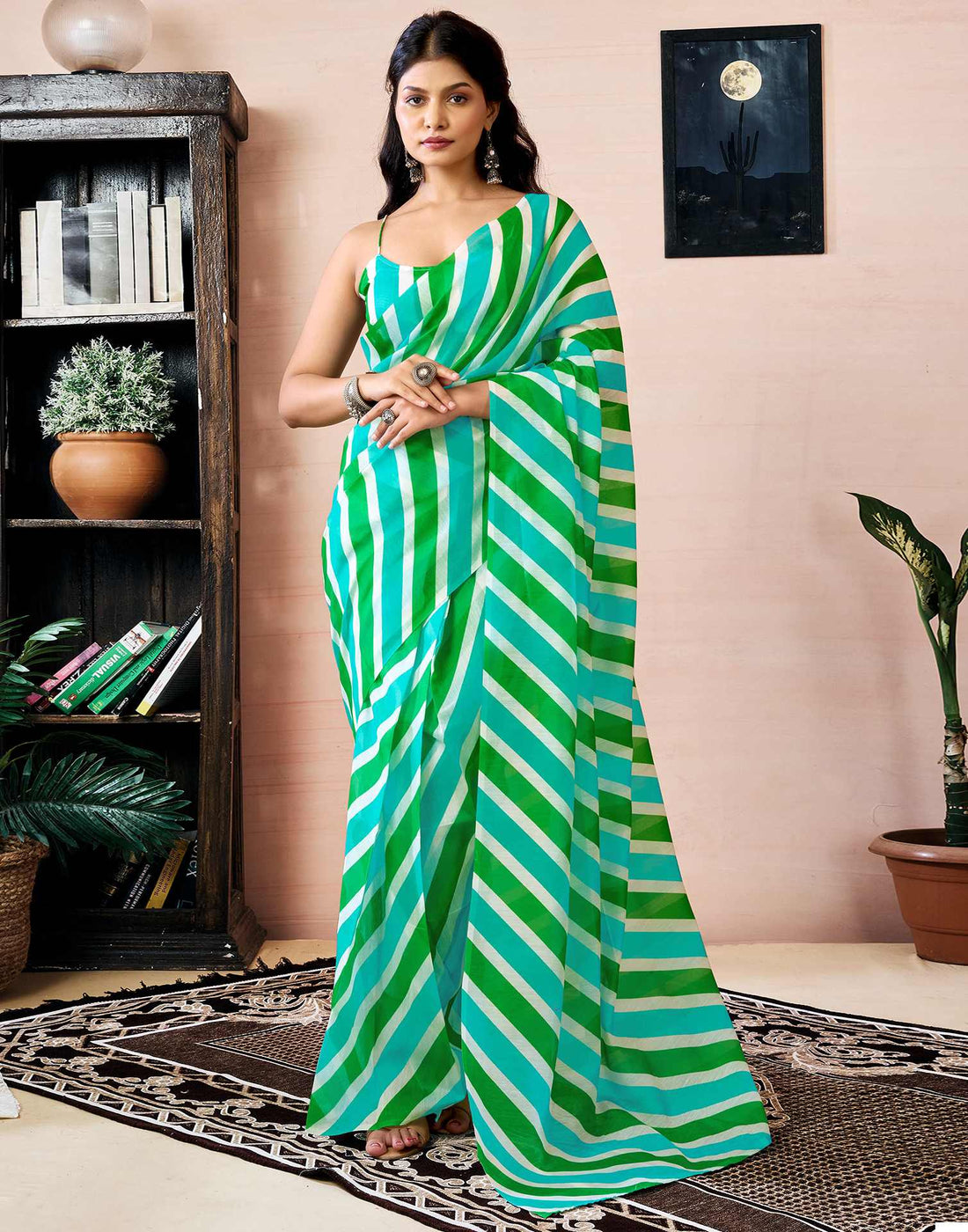 Ready to Wear Green Chanderi Printed Saree