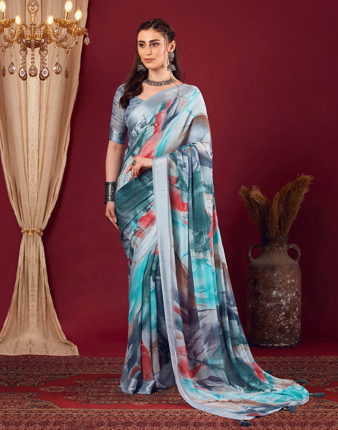 Grey Georgette Printed Saree
