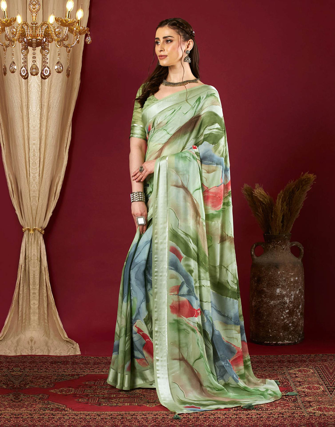 Light Pista Green Georgette Printed Saree