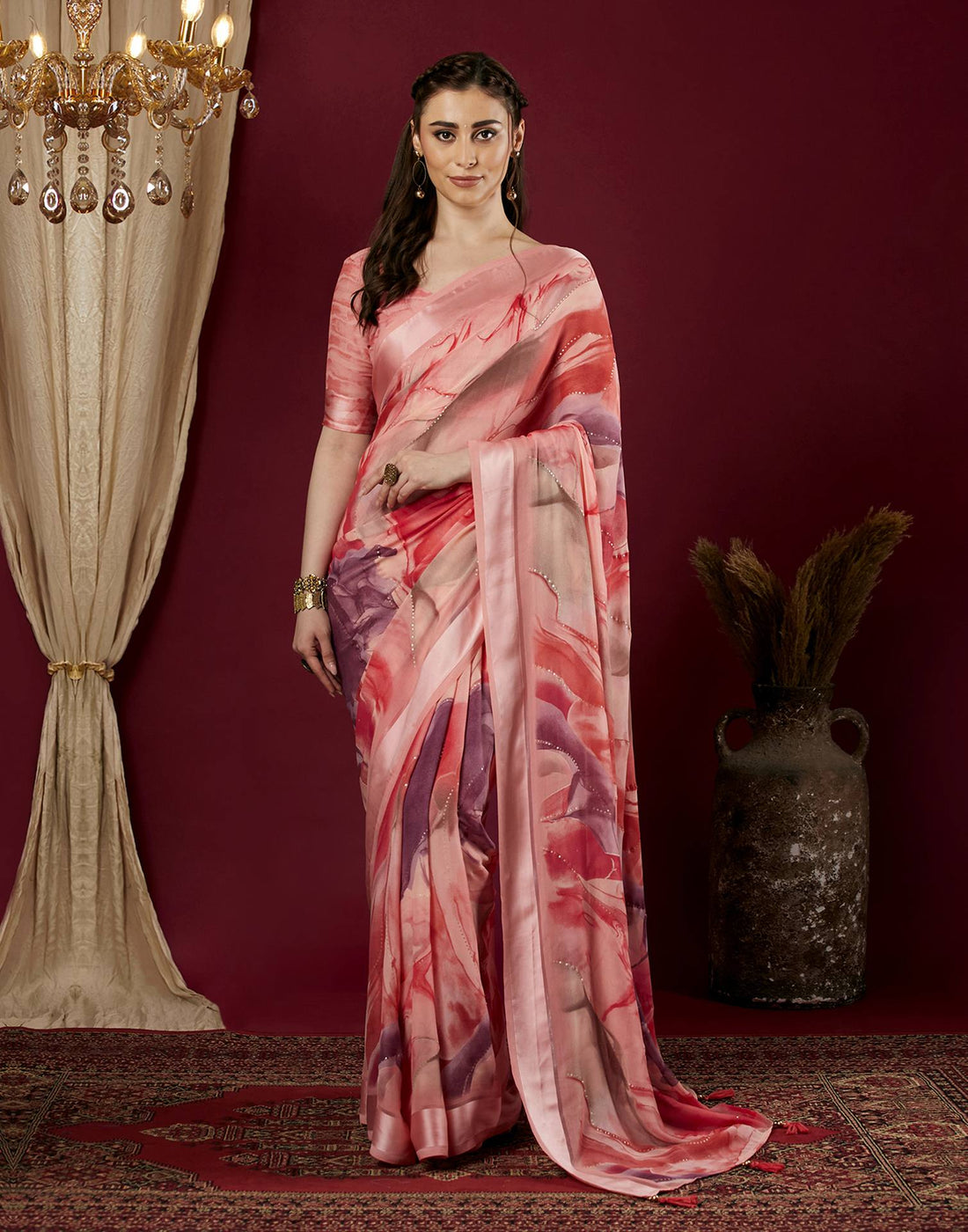 Light Rose Pink Georgette Printed Saree