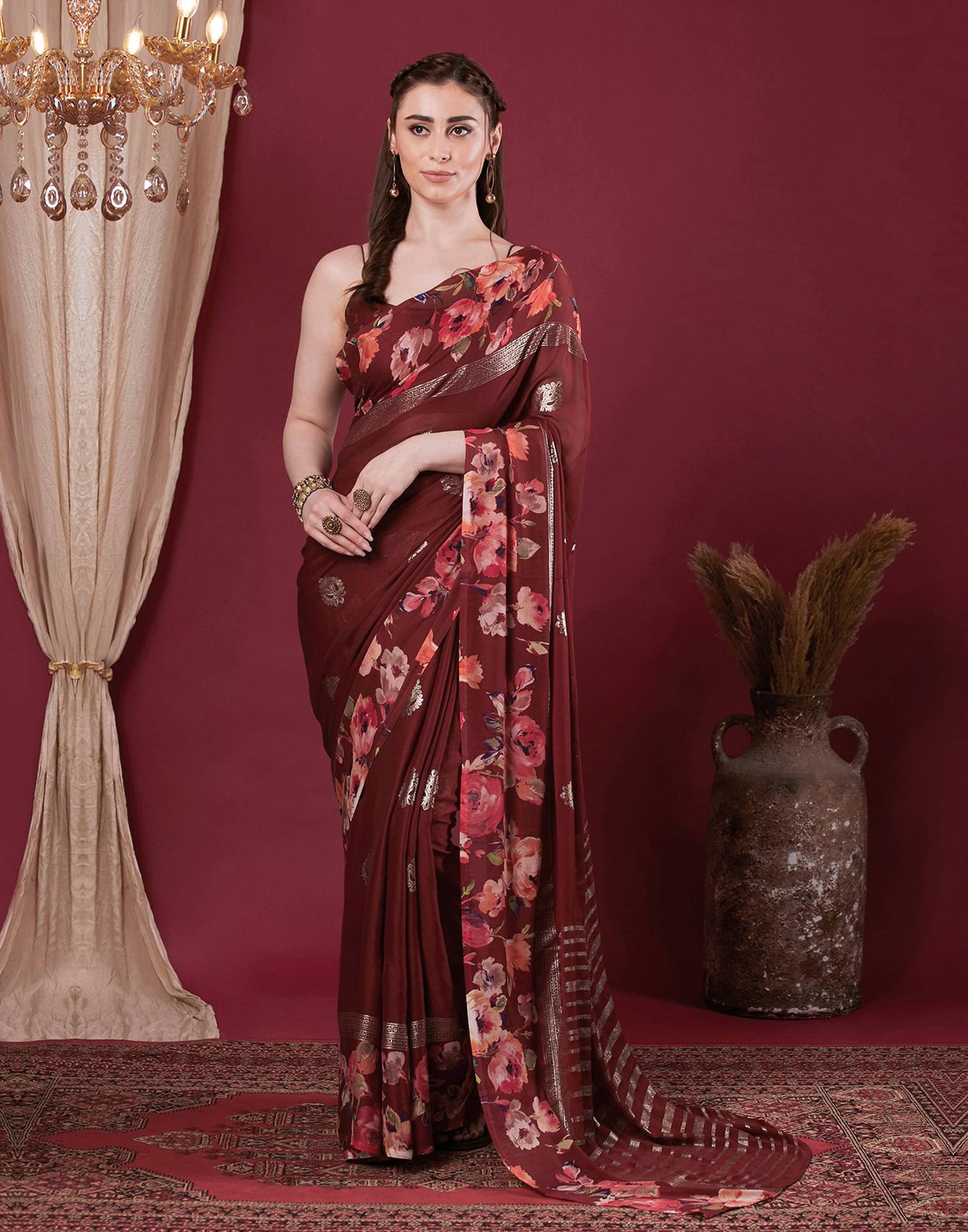 Maroon Georgette Floral Printed Saree