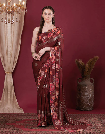 Maroon Georgette Floral Printed Saree