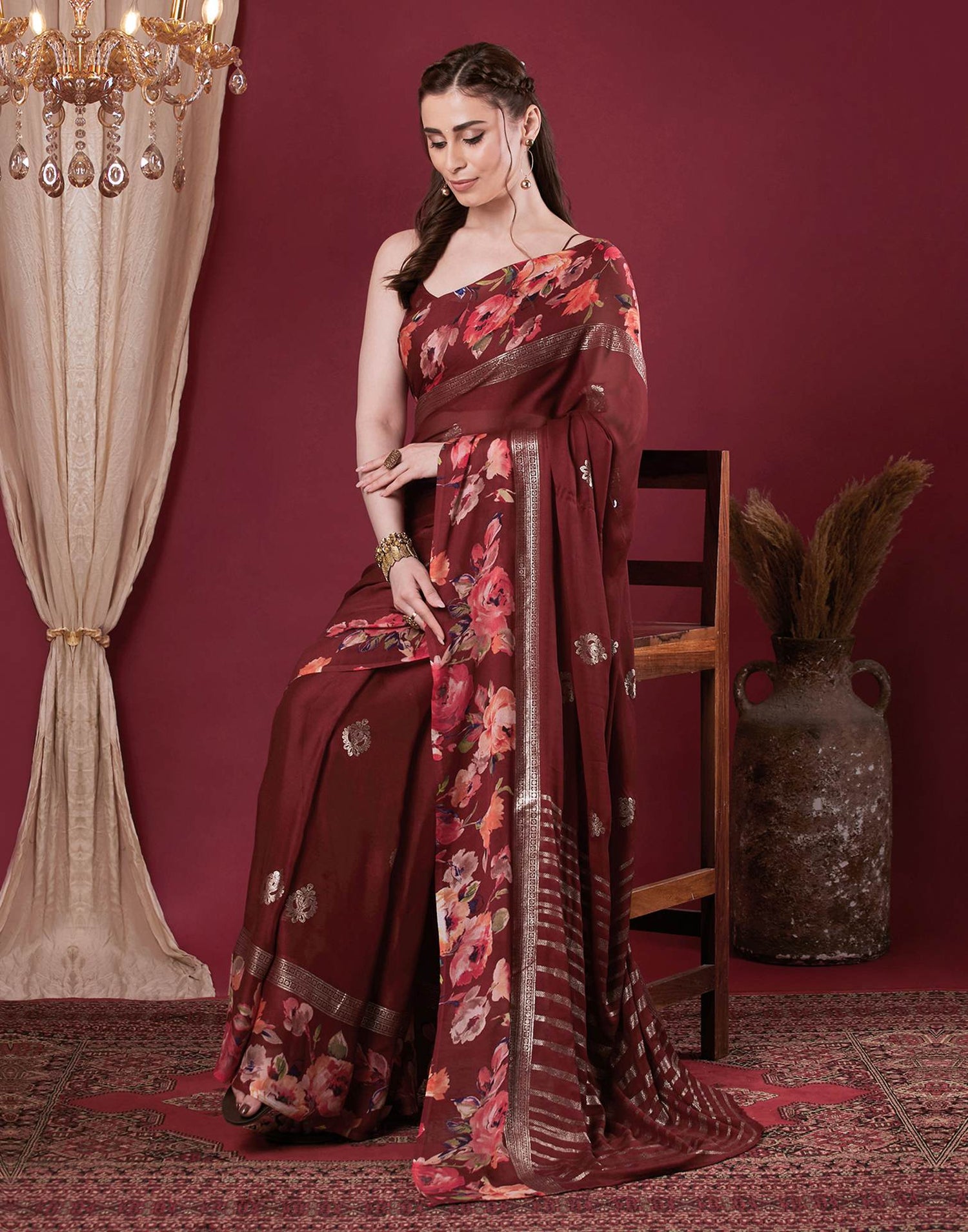 Maroon Georgette Floral Printed Saree