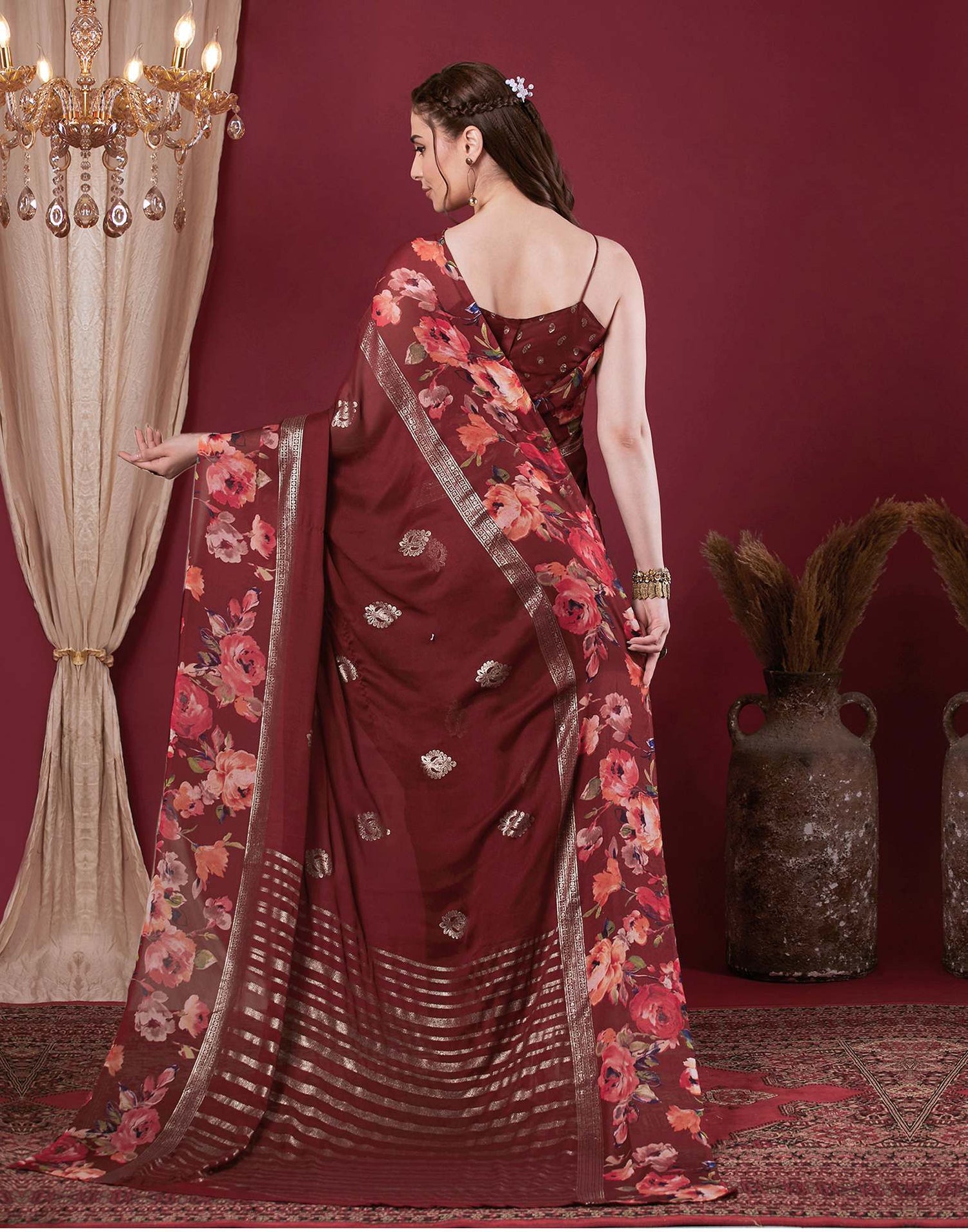Maroon Georgette Floral Printed Saree