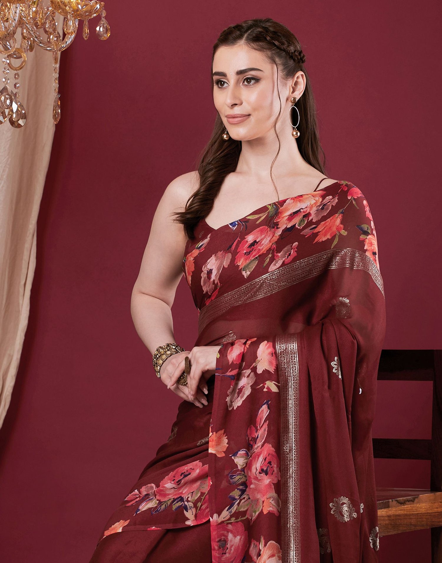 Maroon Georgette Floral Printed Saree