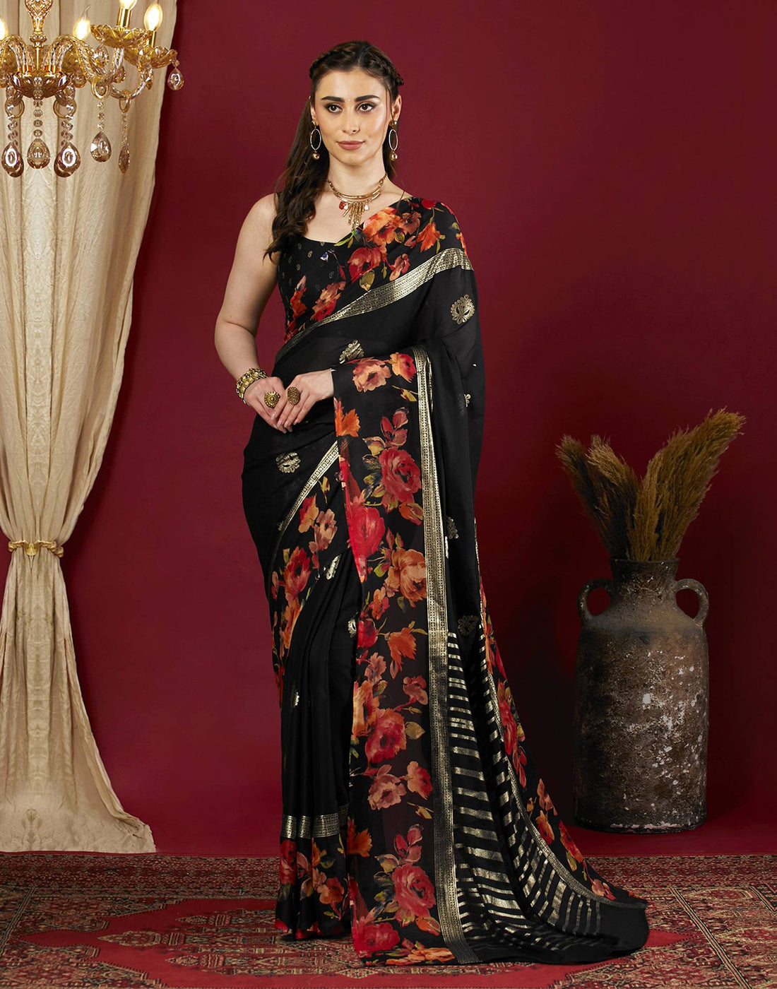 Black Georgette Floral Printed Saree