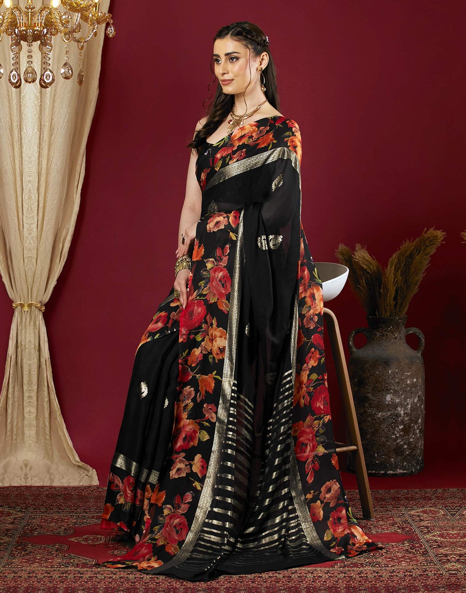 Black Georgette Floral Printed Saree