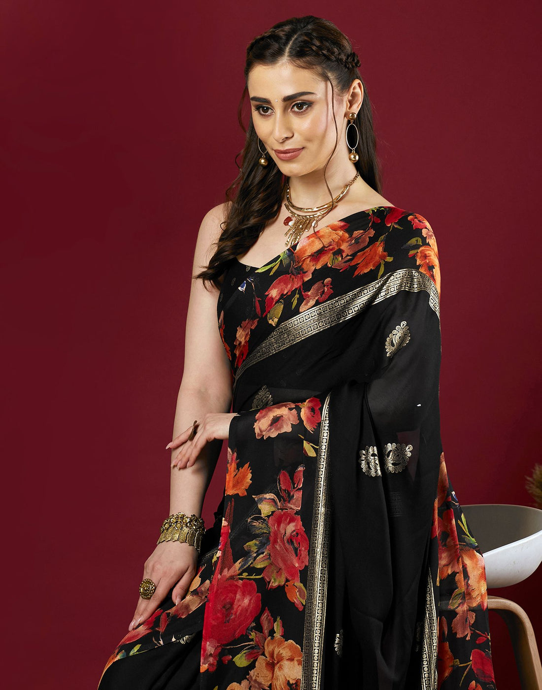 Black Georgette Floral Printed Saree