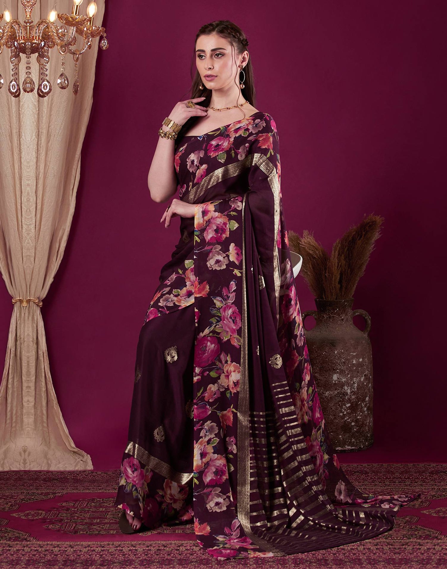Wine Georgette Floral Printed Saree