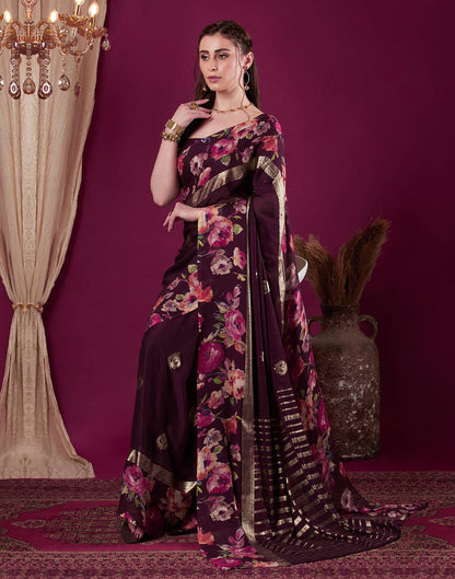 Wine Georgette Floral Printed Saree