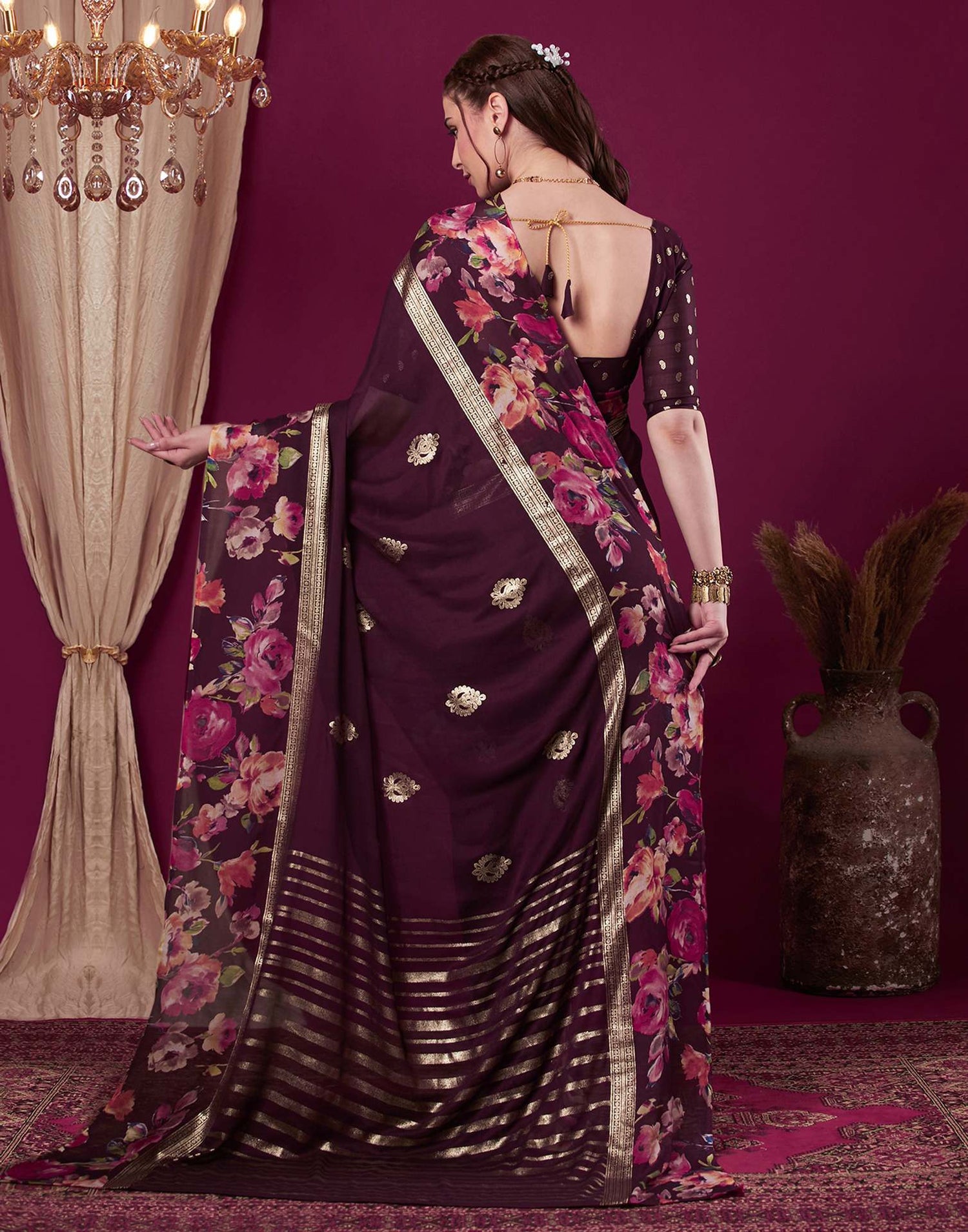 Wine Georgette Floral Printed Saree
