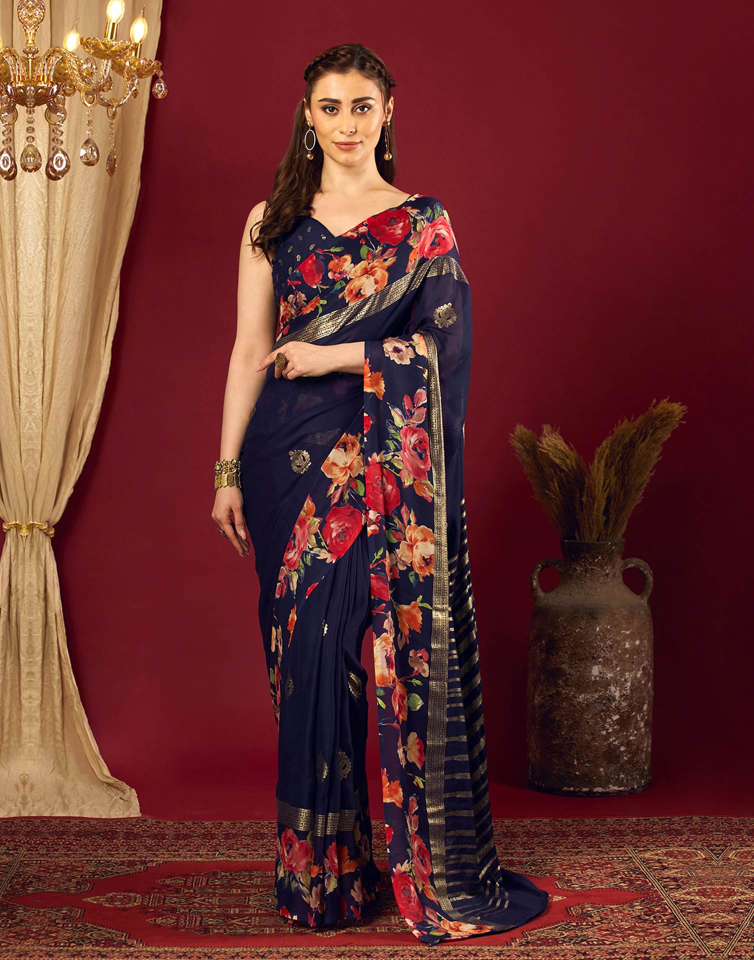 Navy Blue Georgette Floral Printed Saree