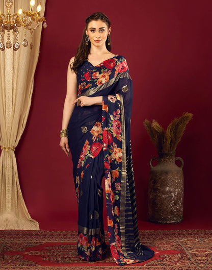 Navy Blue Georgette Floral Printed Saree