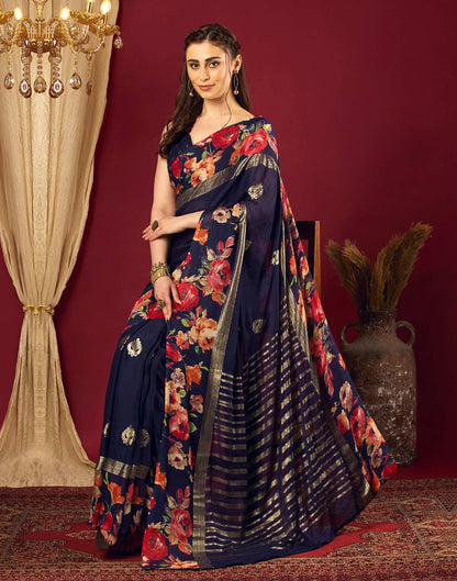 Navy Blue Georgette Floral Printed Saree