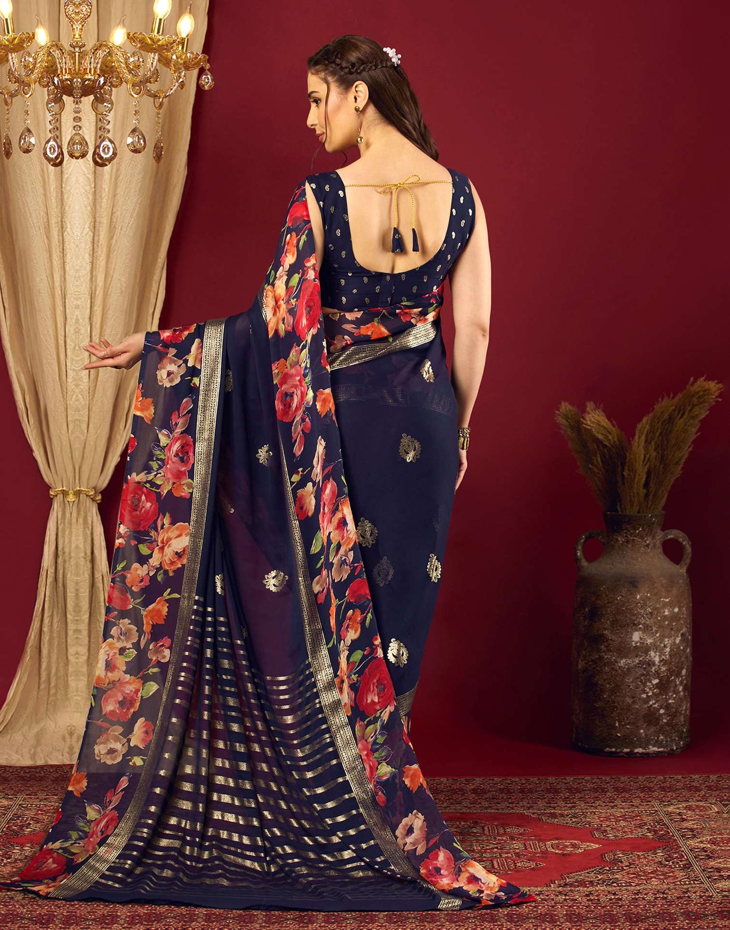 Navy Blue Georgette Floral Printed Saree