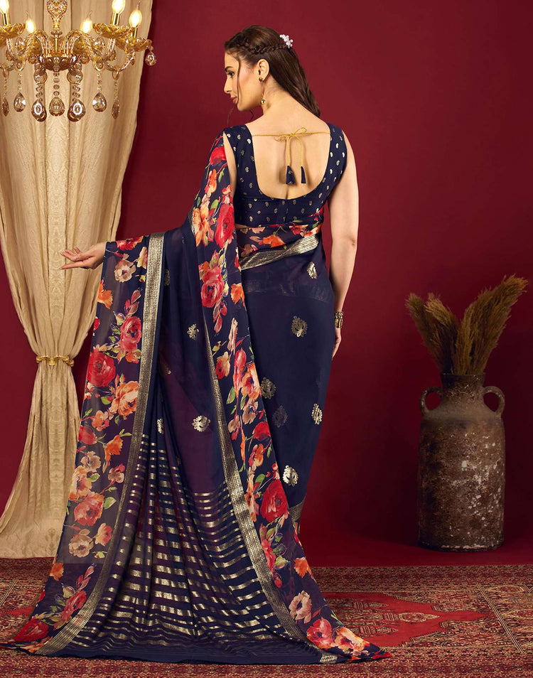 Navy Blue Georgette Floral Printed Saree