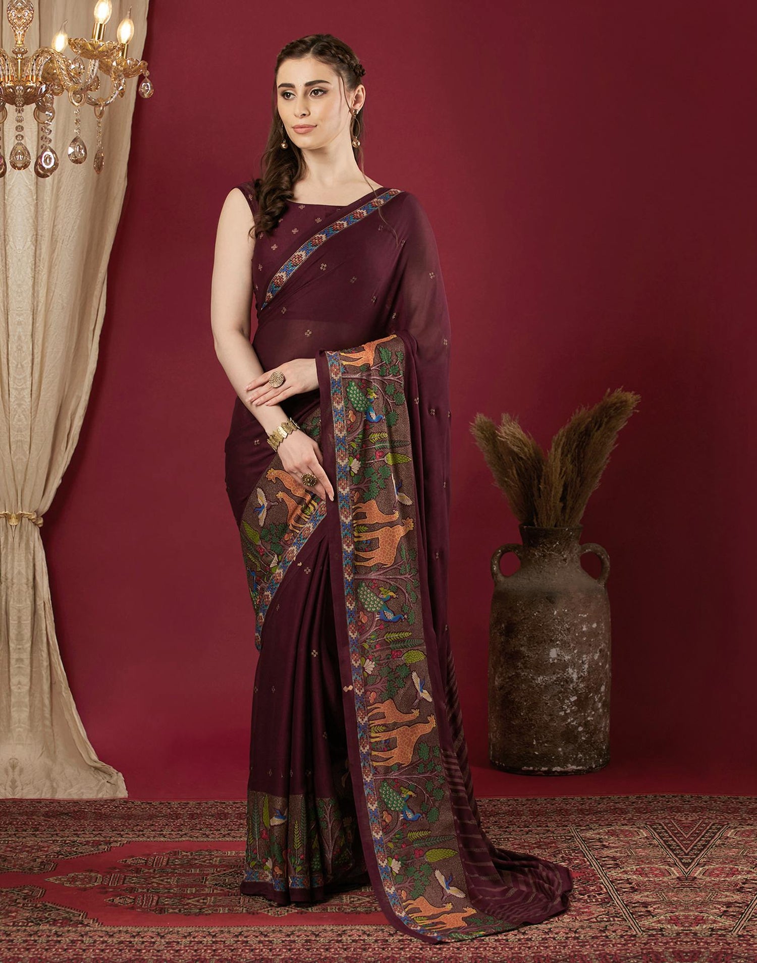 Wine Georgette Printed Saree