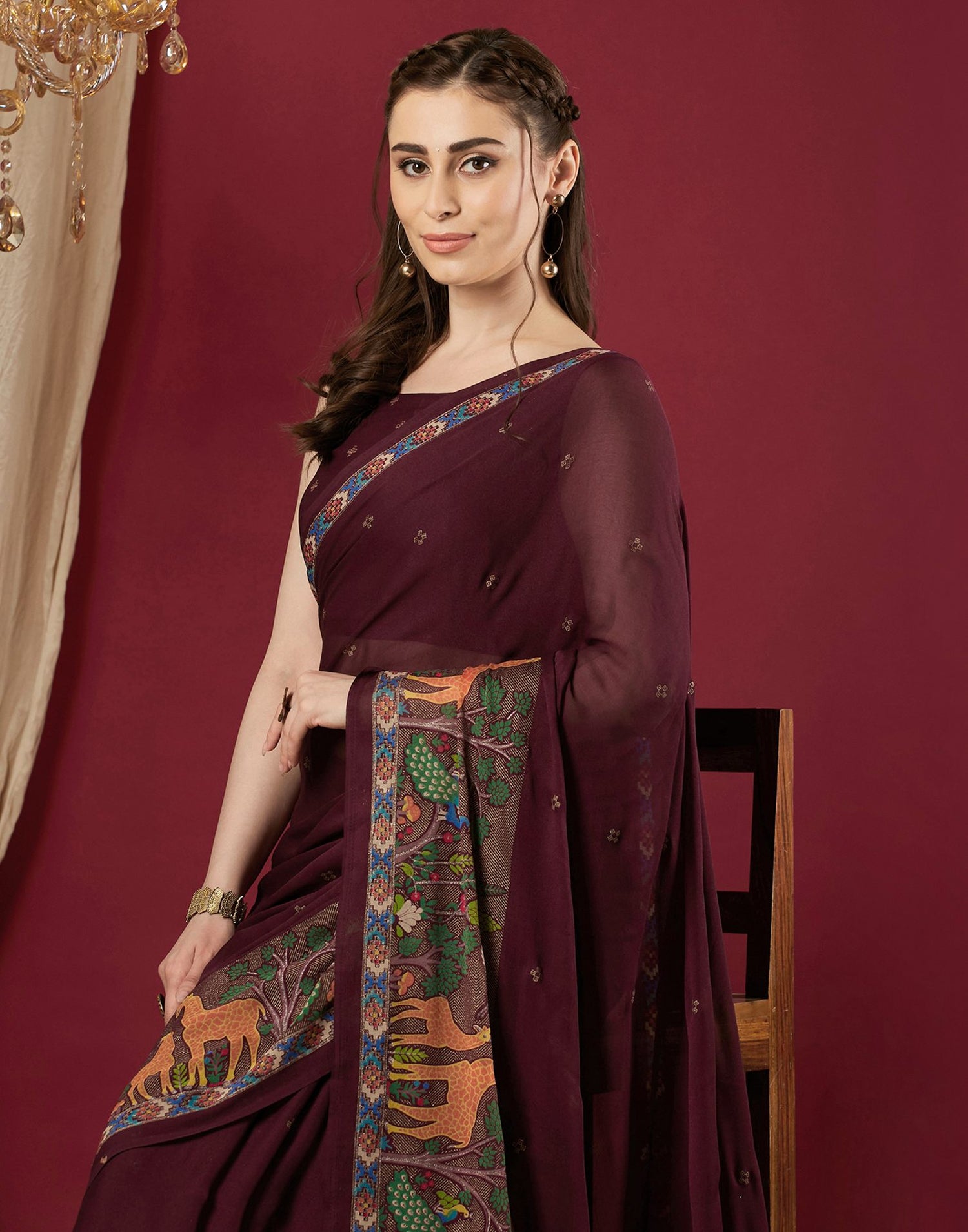 Wine Georgette Printed Saree