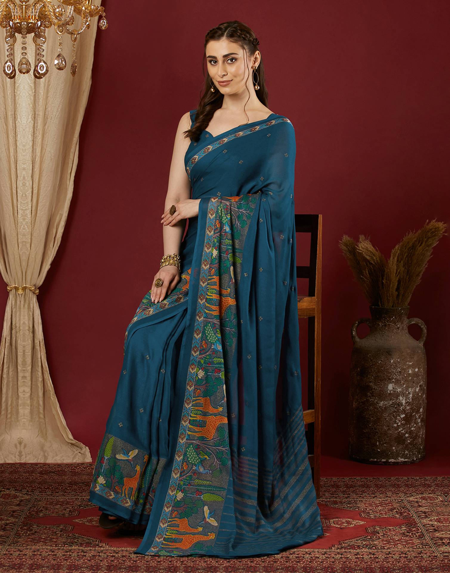 Rama Blue Georgette Printed Saree