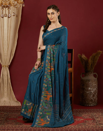 Rama Blue Georgette Printed Saree