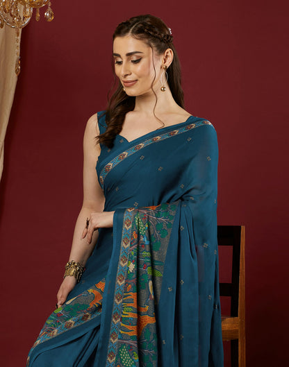 Rama Blue Georgette Printed Saree