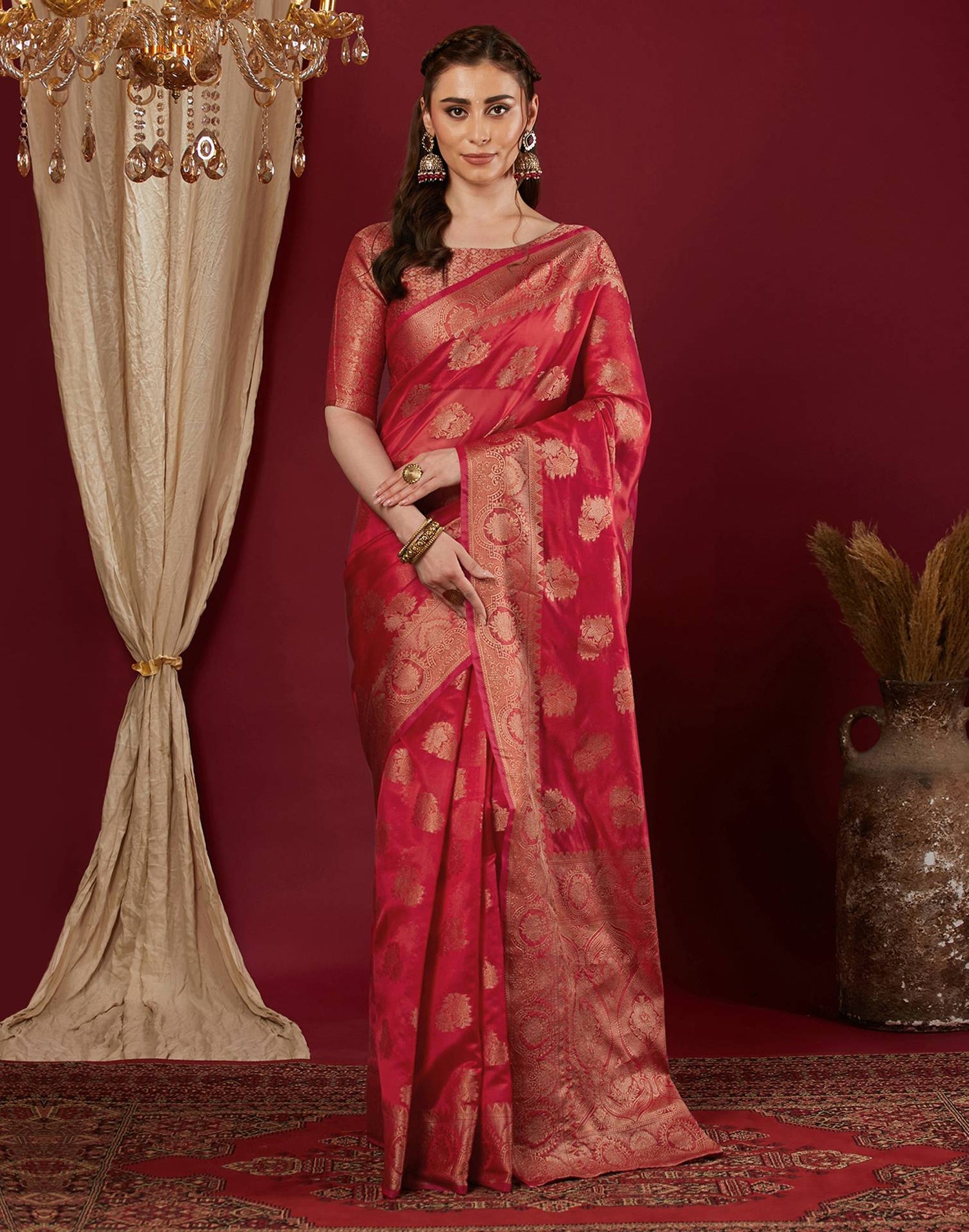 Cherry Red Organza Woven Banarasi Saree