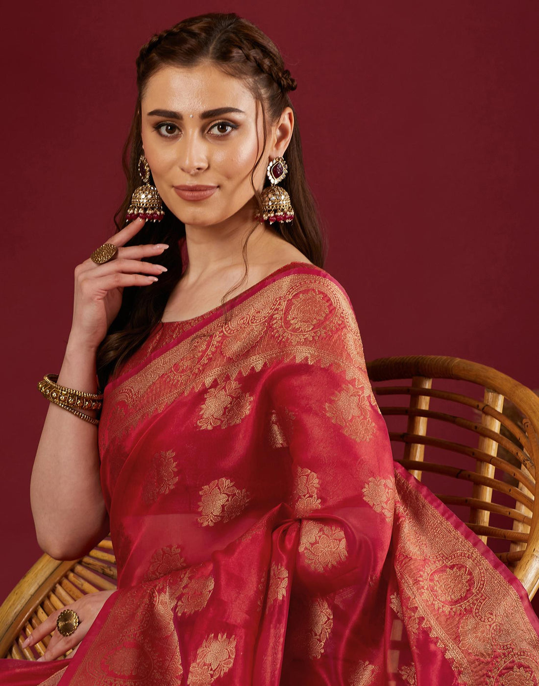 Cherry Red Organza Woven Banarasi Saree