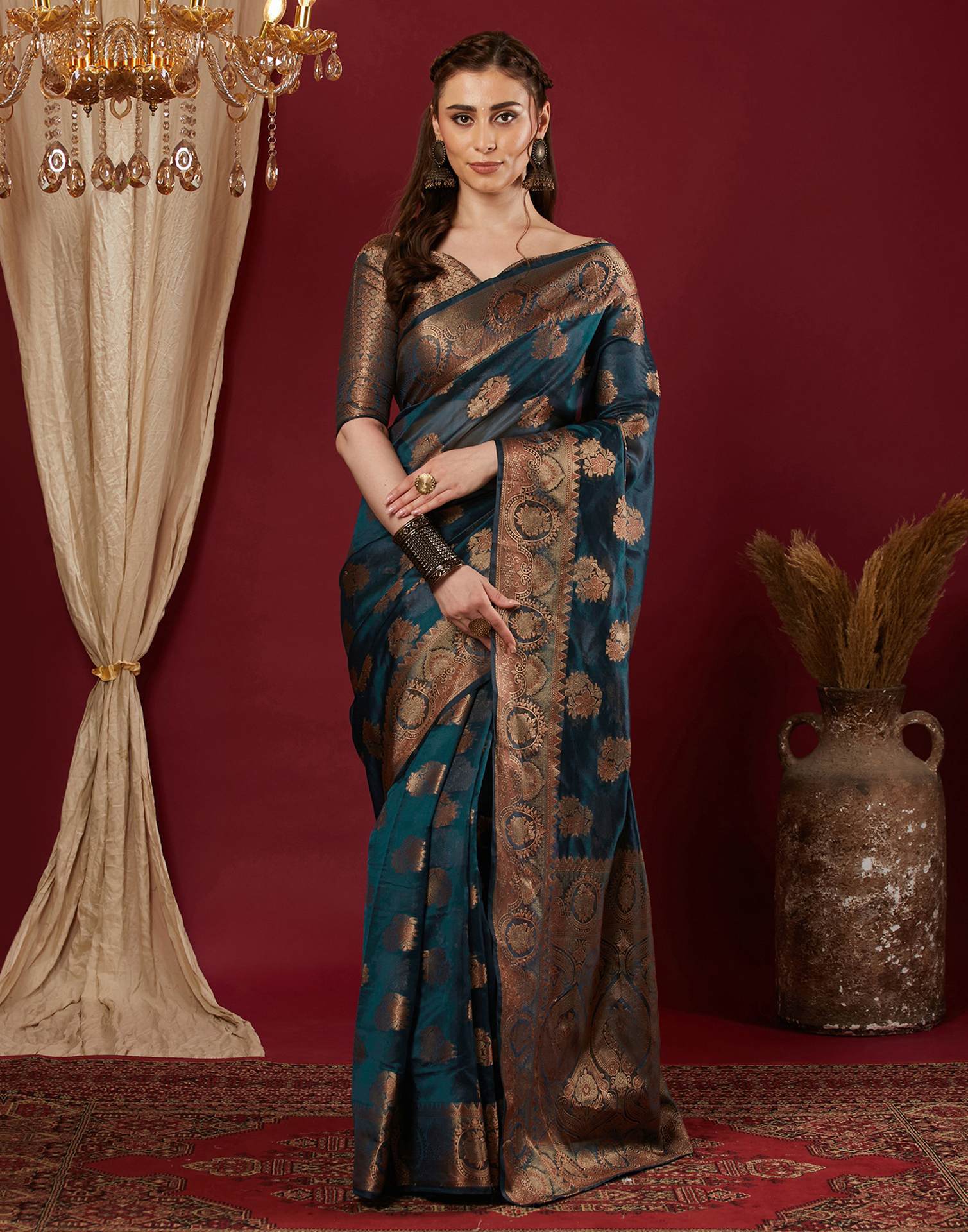 Rama Blue Organza Woven Banarasi Saree