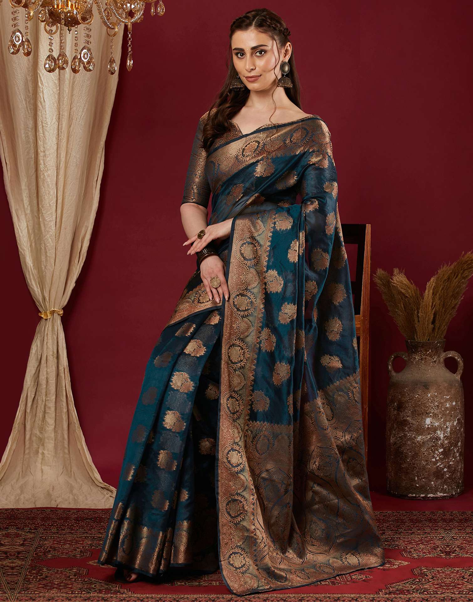 Rama Blue Organza Woven Banarasi Saree