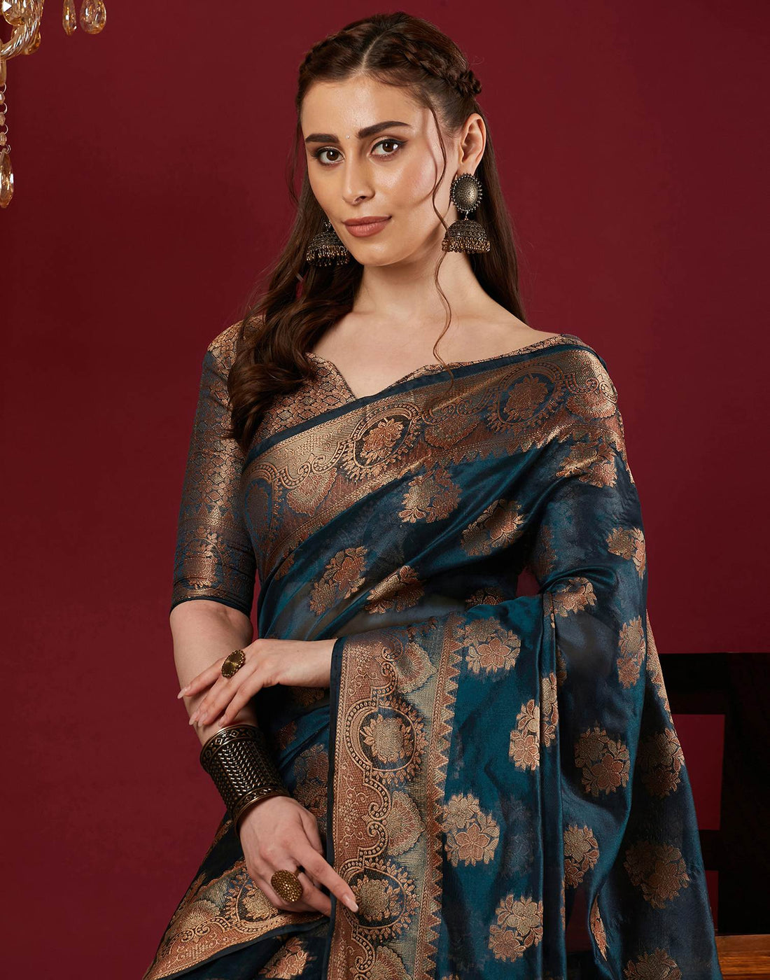 Rama Blue Organza Woven Banarasi Saree